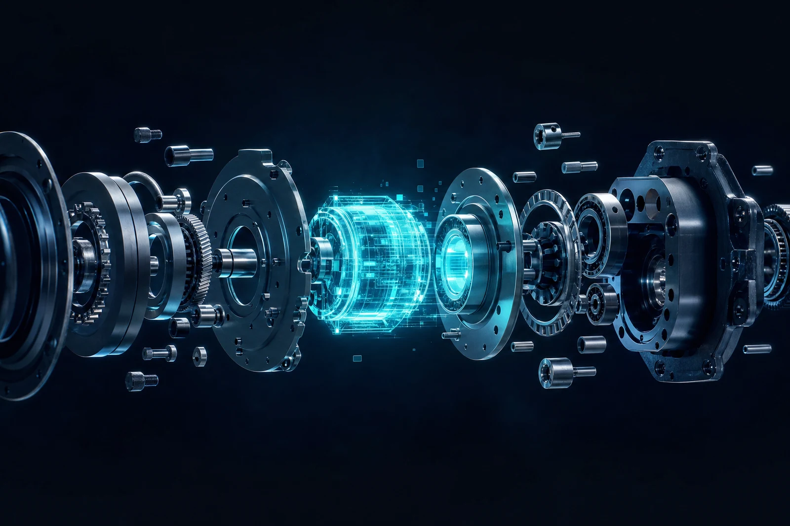 Rozložený mechanický výrobek, jehož jedna část je tvořená světelným kódem — ilustrace softwaru jako součásti výrobku